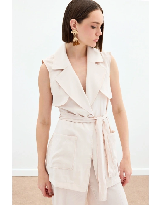 Kuşaklı Uzun Yelek - Taş