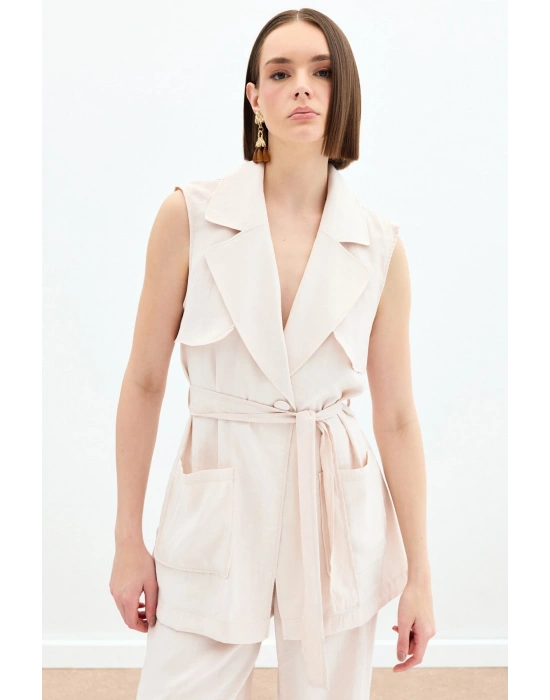 Kuşaklı Uzun Yelek - Taş