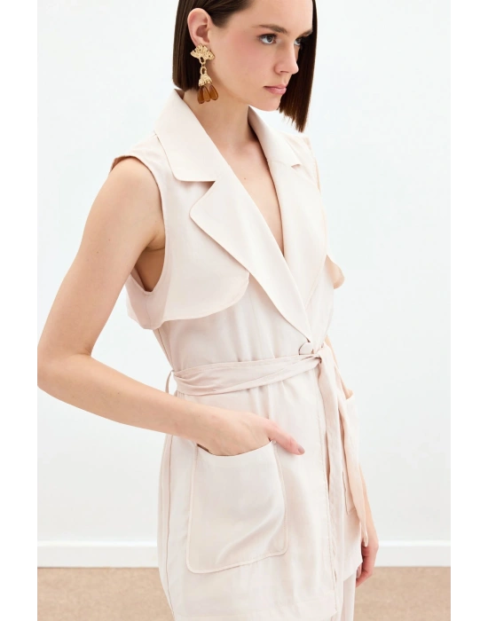 Kuşaklı Uzun Yelek - Taş