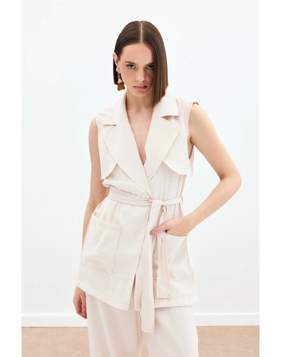 Kuşaklı Uzun Yelek - Taş