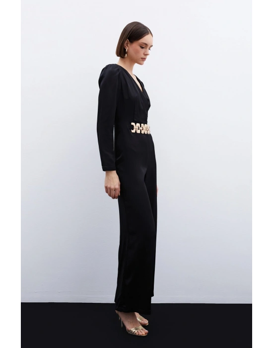 Birleşik Kemerli Saten Tulum - Siyah