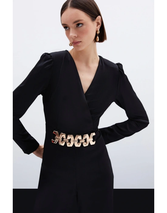 Birleşik Kemerli Saten Tulum - Siyah