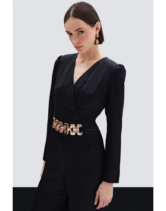 Birleşik Kemerli Saten Tulum - Siyah