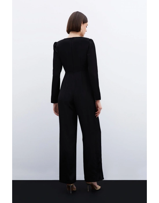 Birleşik Kemerli Saten Tulum - Siyah