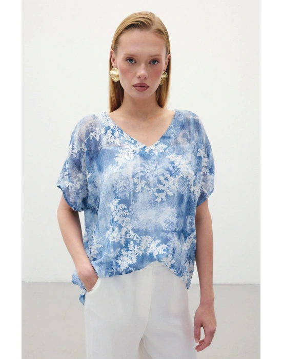 Nakışlı Kısa Kol Bluz - İndigo