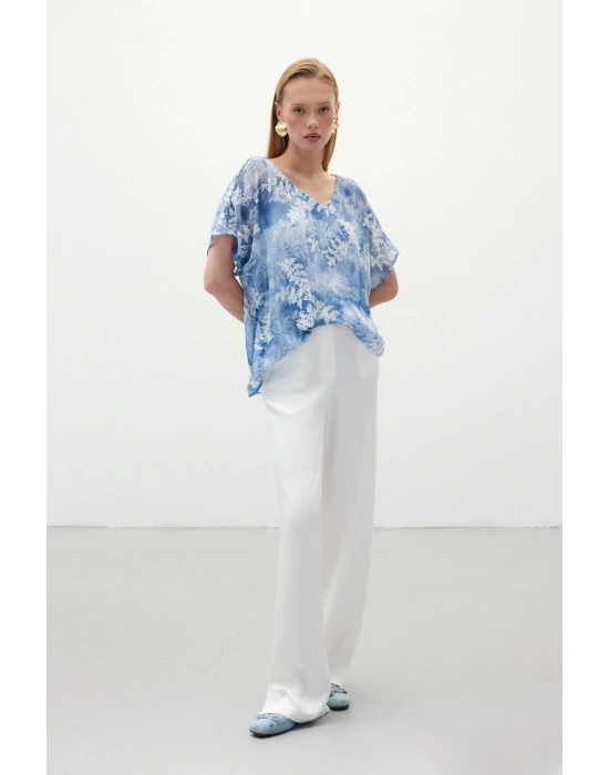 Nakışlı Kısa Kol Bluz - İndigo