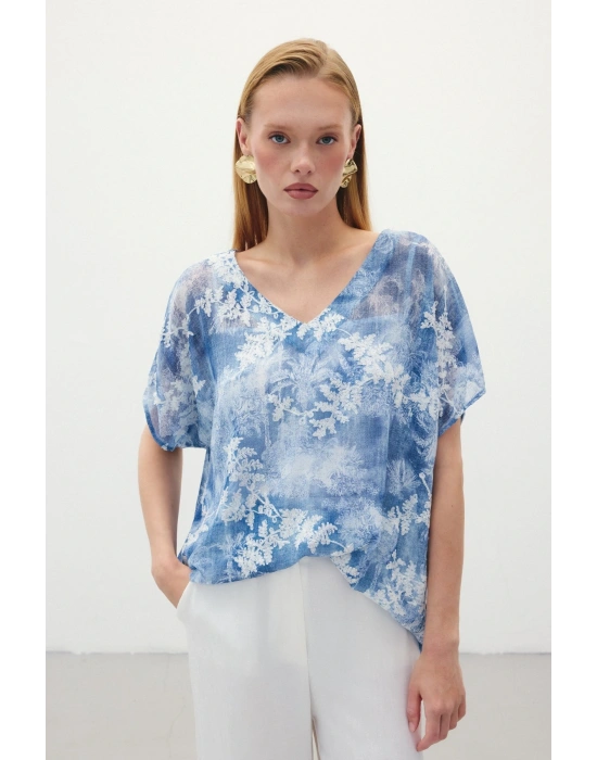 Nakışlı Kısa Kol Bluz - İndigo