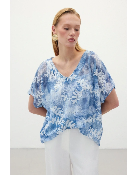 Nakışlı Kısa Kol Bluz - İndigo