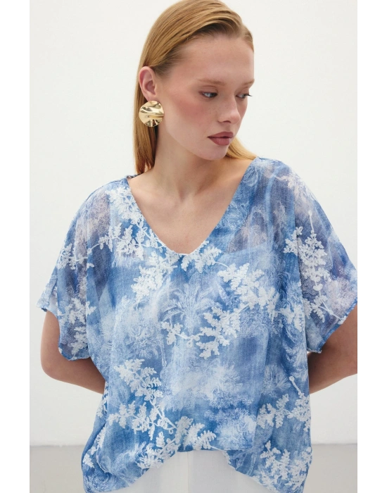 Nakışlı Kısa Kol Bluz - İndigo