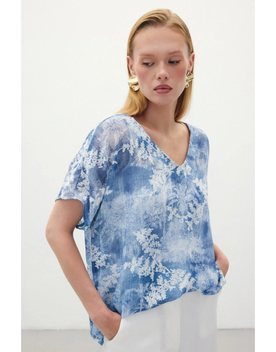 Nakışlı Kısa Kol Bluz - İndigo