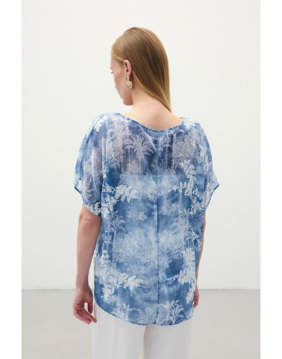 Nakışlı Kısa Kol Bluz - İndigo