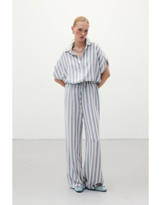 Çizgili Keten Karışımlı Pantolon - Lacivert