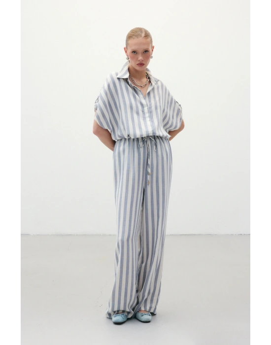 Çizgili Keten Karışımlı Pantolon - Lacivert