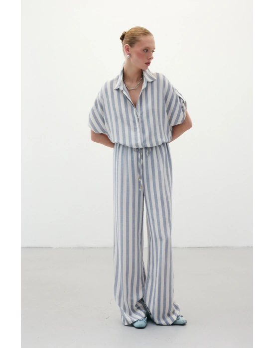 Çizgili Keten Karışımlı Pantolon - Lacivert