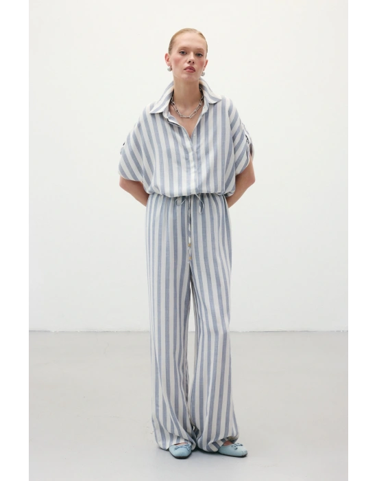 Çizgili Keten Karışımlı Pantolon - Lacivert