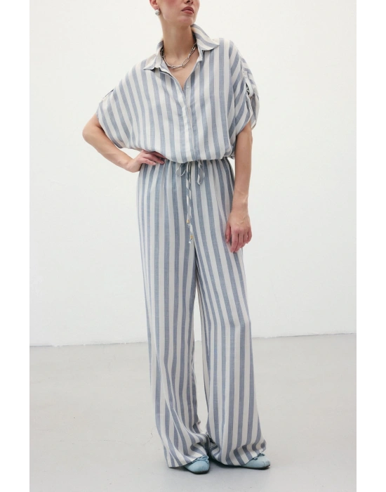 Çizgili Keten Karışımlı Pantolon - Lacivert