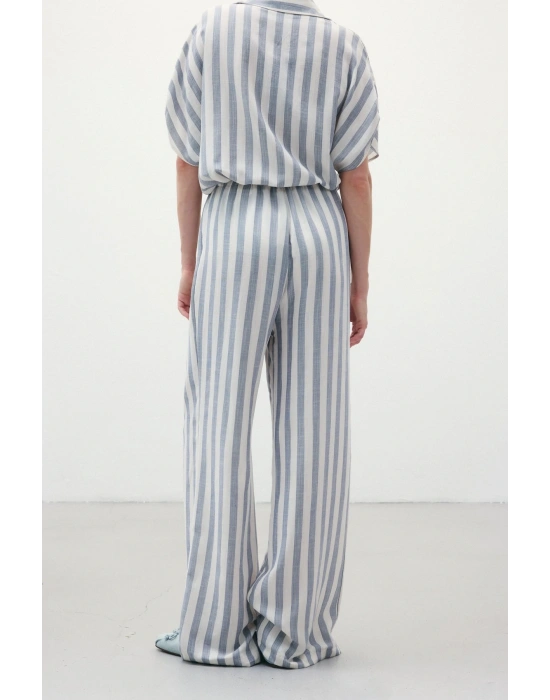 Çizgili Keten Karışımlı Pantolon - Lacivert