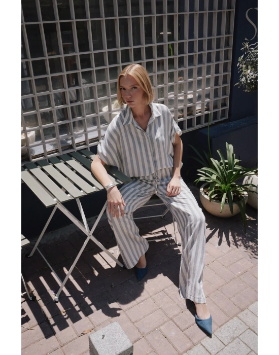 Çizgili Kısa Kol Gömlek - Lacivert