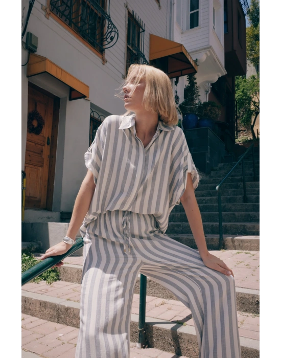 Çizgili Kısa Kol Gömlek - Lacivert