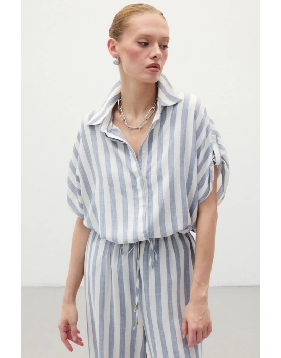 Çizgili Kısa Kol Gömlek - Lacivert