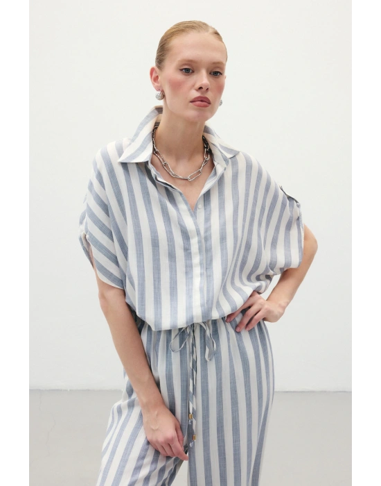 Çizgili Kısa Kol Gömlek - Lacivert