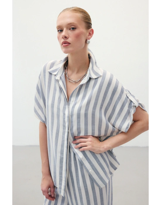 Çizgili Kısa Kol Gömlek - Lacivert