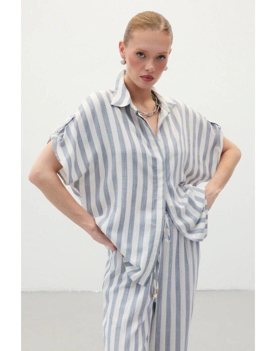 Çizgili Kısa Kol Gömlek - Lacivert