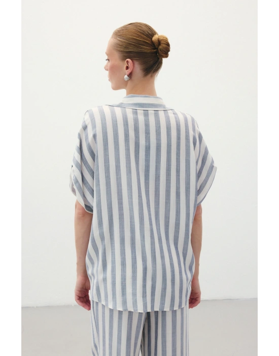 Çizgili Kısa Kol Gömlek - Lacivert