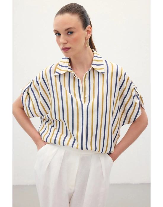 Keten Karışımlı Çizgili Gömlek - Lacivert