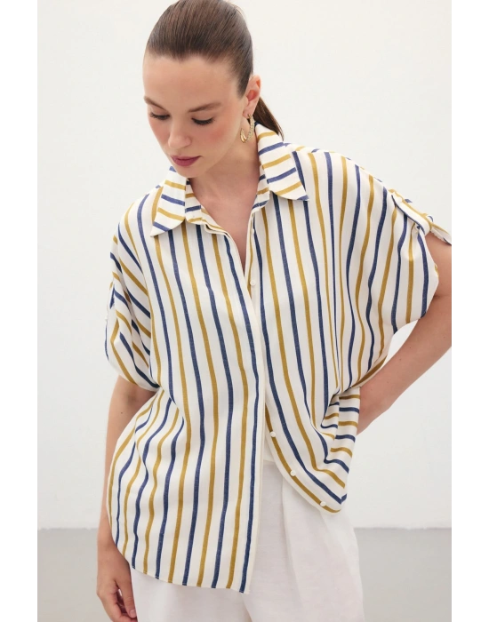 Keten Karışımlı Çizgili Gömlek - Lacivert