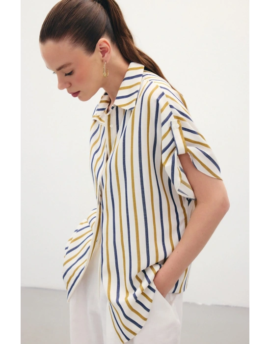 Keten Karışımlı Çizgili Gömlek - Lacivert