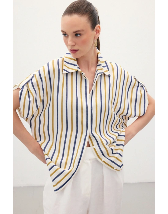 Keten Karışımlı Çizgili Gömlek - Lacivert