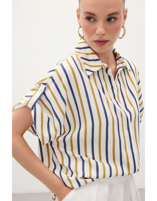 Keten Karışımlı Çizgili Gömlek - Lacivert