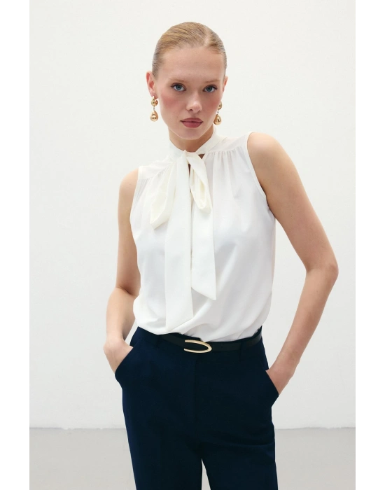 Fularlı Kolsuz Bluz - Ekru