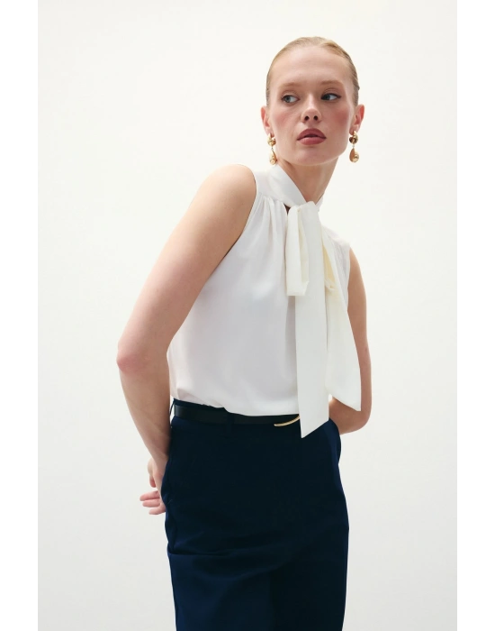 Fularlı Kolsuz Bluz - Ekru