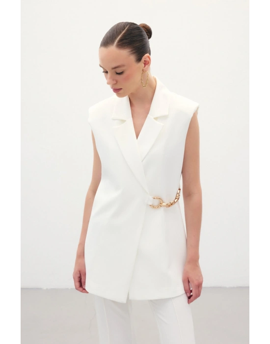 Yan Aksesuarlı Uzun Yelek - Ekru