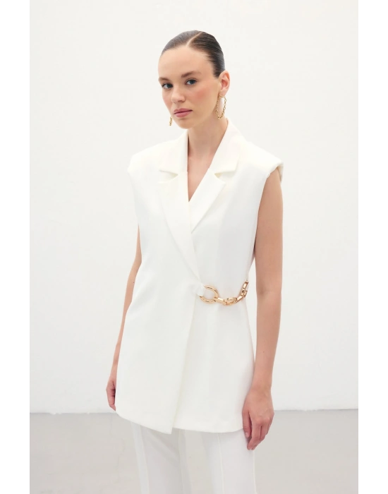 Yan Aksesuarlı Uzun Yelek - Ekru