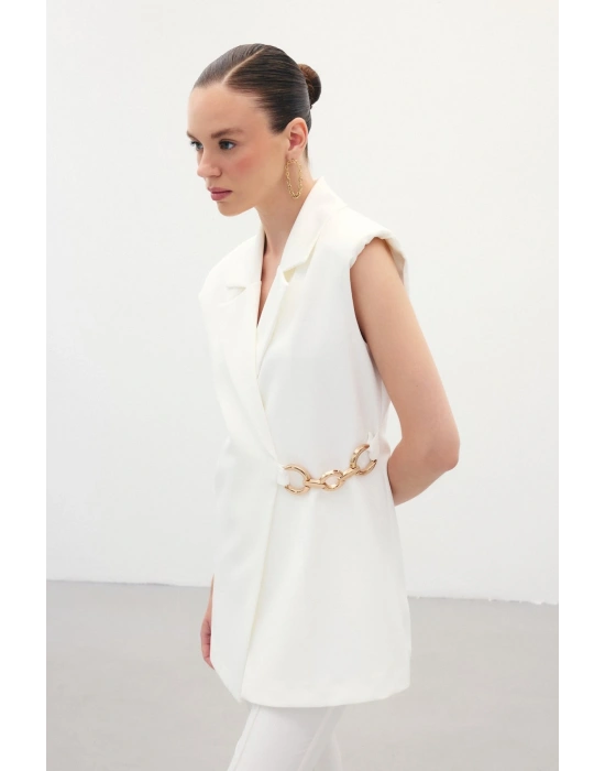 Yan Aksesuarlı Uzun Yelek - Ekru