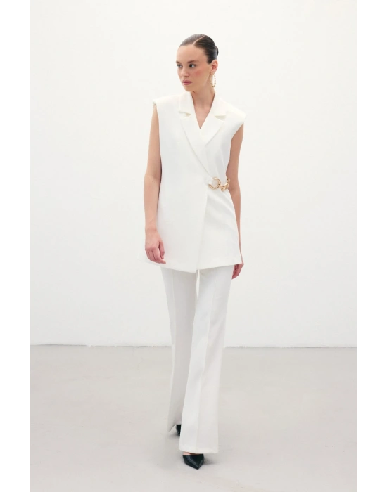 Yan Aksesuarlı Uzun Yelek - Ekru