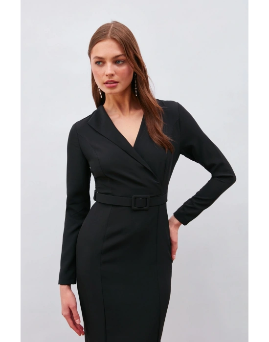 Kemerli Kalem Elbise - Siyah