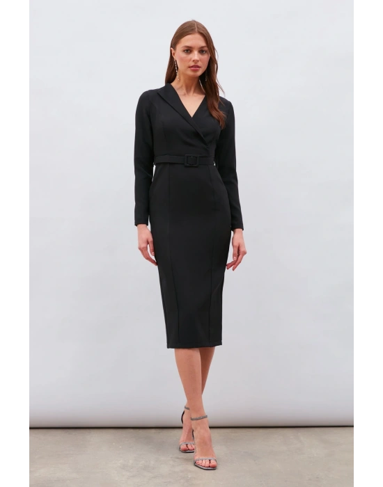 Kemerli Kalem Elbise - Siyah