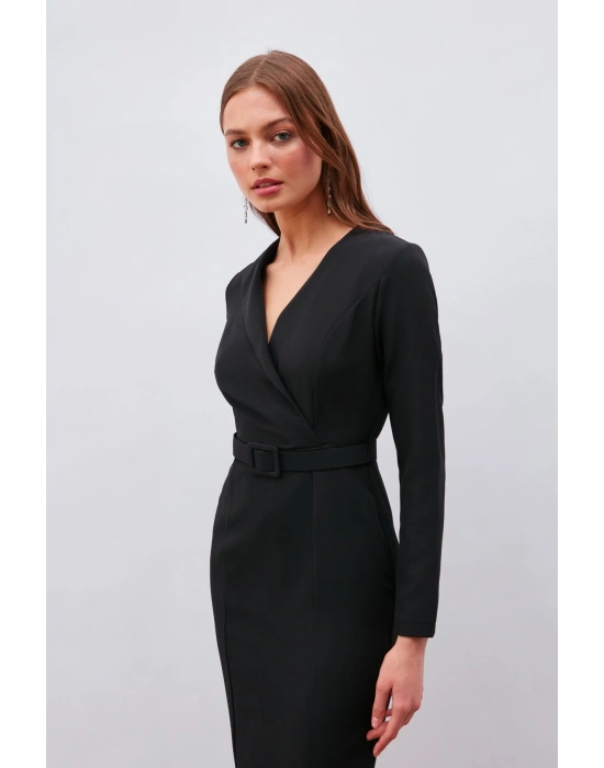 Kemerli Kalem Elbise - Siyah