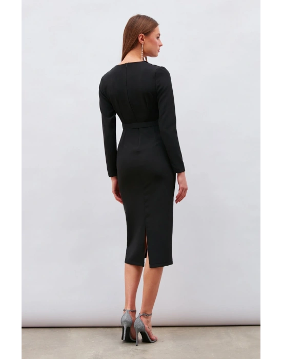 Kemerli Kalem Elbise - Siyah