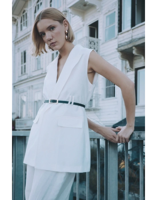 Kemerli Keten Yelek - Ekru