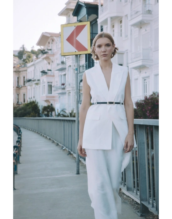 Kemerli Keten Yelek - Ekru