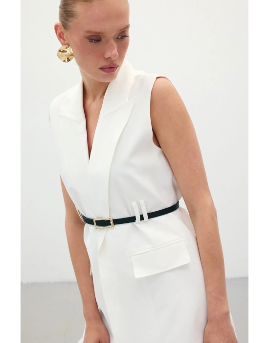 Kemerli Keten Yelek - Ekru