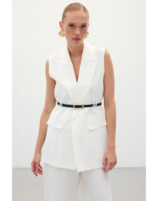 Kemerli Keten Yelek - Ekru