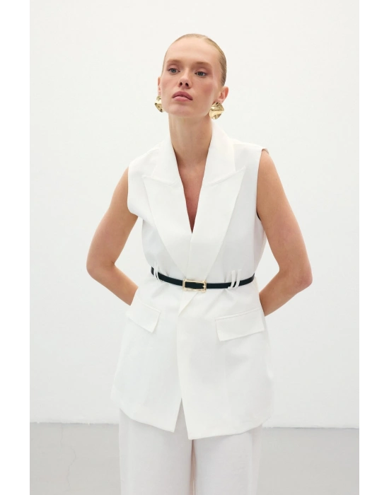 Kemerli Keten Yelek - Ekru