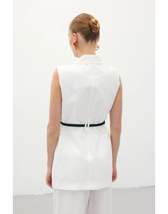 Kemerli Keten Yelek - Ekru