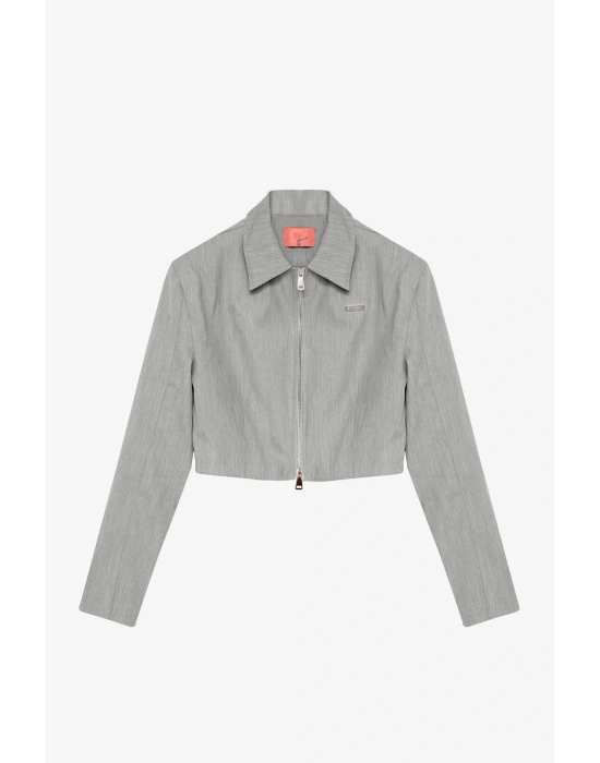 Gömlek Yaka Fermuarlı Kısa Ceket Gri